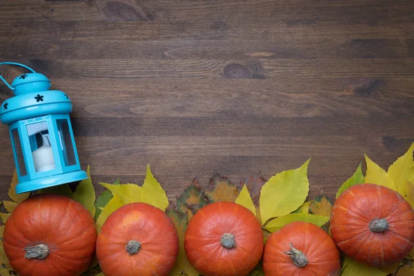 Концепция Дня Благодарения Тыквами Осенними Листьями Фон Вид Сверху — стоковое фото