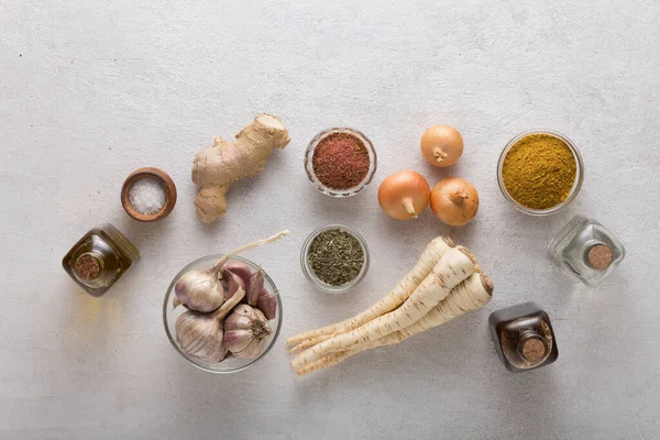 Vegetables Meat Assortment Cooking Oriental Dishes Light Background Top View — Stock Photo, Image