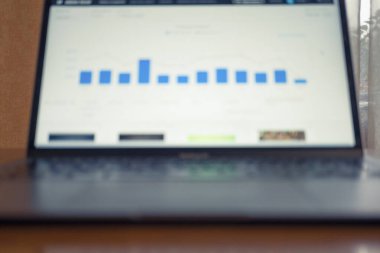 Bulanık borsa çizelgeleri ve monitör ekranındaki raporlar. İş ve finans geliştirme kavramı