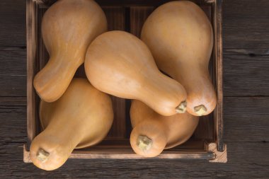 Balkabaklarını tahta bir masanın üstünde, kutunun içinde topla.