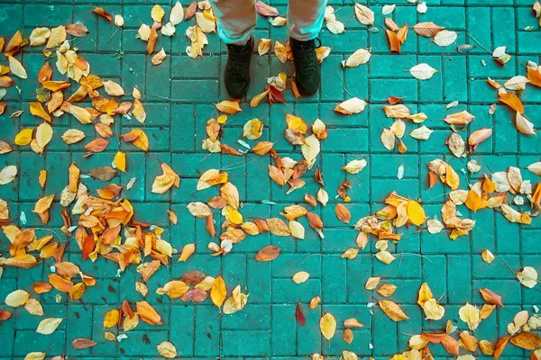 Füße Stiefeln Auf Herbstlichem Laub Draufsicht — Stockfoto