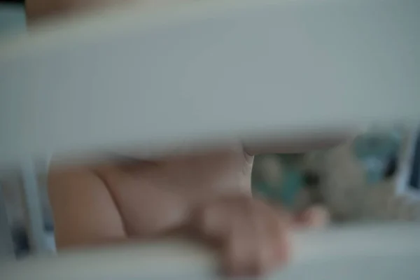Close Portrait Nursing Baby Himself Home Bedroom — Stockfoto