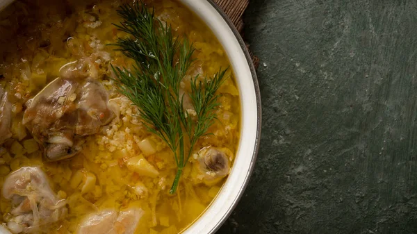 Delicious German Soup Eintopf Cooking Fresh Vegetables Chicken Dark Wooden — Stock Photo, Image