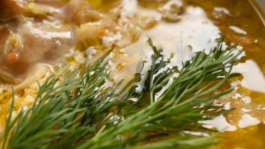 Lezzetli Alman çorbası. Yemek masasında tavuk ve lahana turşusu.