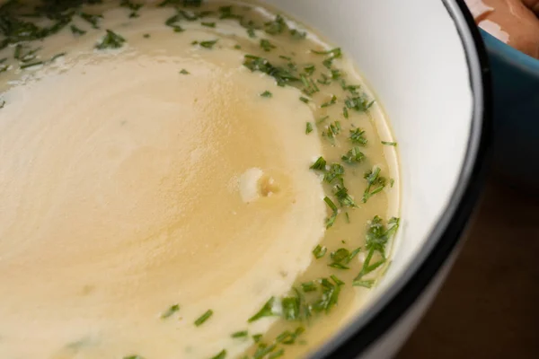 Gesunde Pürierte Suppe Mit Kräutern Einer Schüssel Mittagessen Erster Gang — Stockfoto