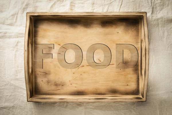 Leere Hölzerne Servierbox Mit Griffen Mit Der Aufschrift Food Essen — Stockfoto
