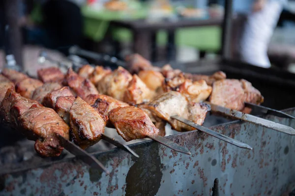 Bbq Piknik Kebaby Masem Otevřeném Ohni Letní Den Dvorku Soukromého — Stock fotografie