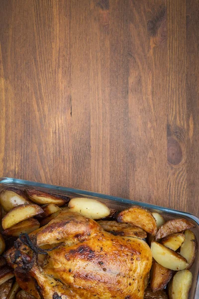 Roasted Christmas Chicken Turkey Christmas Dinner Wooden Background Copy Space — Stock Photo, Image