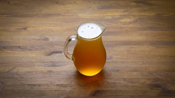 Full Pitcher Beer Close Wooden Table Copy Space — Stock Photo, Image
