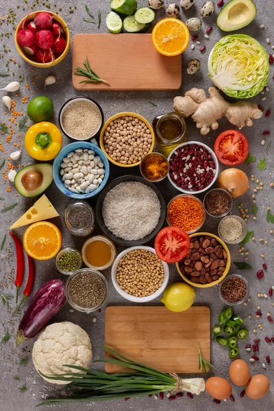 Assortiment Van Gezond Voedsel Platte Lay Biologische Groenten Fruit Groenten — Stockfoto