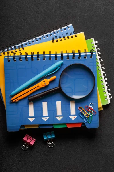 Stack Notebooks School Supplies School Education Concept Black Background — Fotografia de Stock