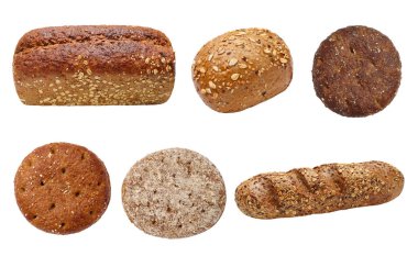 Assortment of cereal baked goods isolated on white background, healthy food