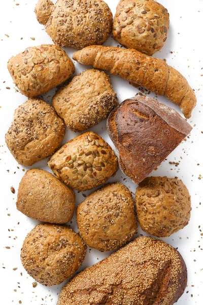 Bread Assortment Various Bakery Products White Background Simple Isolation — Zdjęcie stockowe