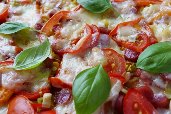 pizza close up, Italian pizza topping or homemade open pie, open pastry pie baked on baking sheet in oven, stuffed with vegetables and herbs and sausage