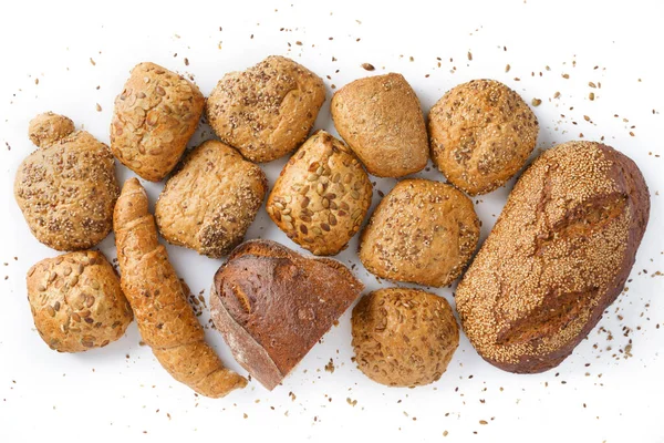 Bread Assortment Various Bakery Products White Background Simple Isolation — Stockfoto