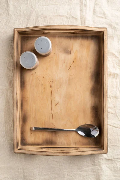 Empty Wooden Serving Box Handles Spices Cutlery Food Catering Concept — 스톡 사진