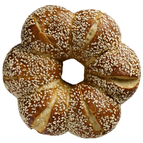 Jedzenie Śniadanie Kontynentalne Złoty Bułka Chlebowa Bajgiel Sezamem Izolowane Białych — Zdjęcie stockowe