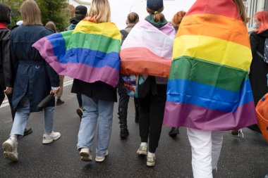 LGBT bayraklı insanlar yürüyor. Bir Avrupa şehrinin caddesinde geçit töreni.