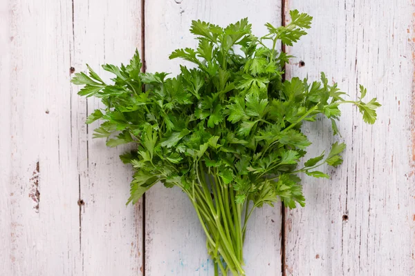 Bunch Fresh Juicy Parsley Blue Wooden Table Rustic Style Top — Stock Photo, Image