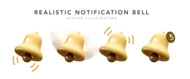 Gelen gelen mesaj için gerçekçi sarı uyarı çanı simgeleri. Alarm saati ve akıllı telefon uygulama uyarısı için uyarı zili ve uyarı numarası. Vektör illüstrasyonu