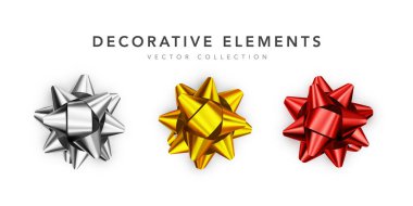 Beyaz arka planda izole edilmiş gerçekçi parlak fiyonk koleksiyonu. Altın, gümüş, kırmızı, kartlar için hediye yayları, sunum, sevgililer günü, Noel ve doğum günü çizimleri.