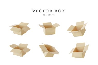 Gerçekçi karton kahverengi teslimat kutuları ya da beyaz arka planda izole edilmiş posta paketi seti. Vektör illüstrasyonu.