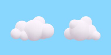 Mavi arka planda izole edilmiş gerçekçi 3D beyaz bulutlar. Vektör illüstrasyonu