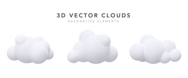 Beyaz arka planda izole edilmiş gerçekçi bulutların toplanması. Vektör illüstrasyonu