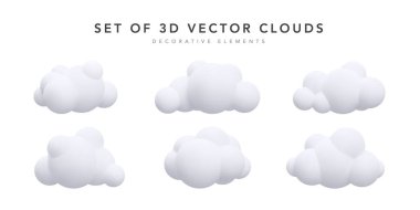 Beyaz arka planda izole edilmiş gerçekçi beyaz bulutlar. Vektör illüstrasyonu
