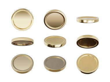 Boş 3D altın sikkeler farklı pozisyonlarda beyaz arka planda izole edildi. Vektör illüstrasyonu