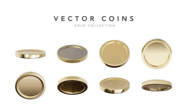 Boş 3D altın sikkeler farklı pozisyonlarda beyaz arka planda izole edildi. Vektör illüstrasyonu