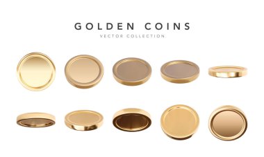 Boş 3D altın sikkeler farklı pozisyonlarda beyaz arka planda izole edildi. Vektör illüstrasyonu