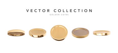 Boş 3D altın sikkeler farklı pozisyonlarda beyaz arka planda izole edildi. Vektör illüstrasyonu