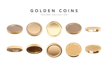 Boş 3D altın sikkeler farklı pozisyonlarda beyaz arka planda izole edildi. Vektör illüstrasyonu