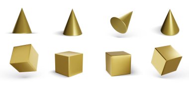 Beyaz arka planda izole edilmiş geometrik küpler ve koniler. 3 boyutlu geometrik şekiller nesneleri şekillendirir. Tasarım için dekoratif figür oluştur. Vektör illüstrasyonu.