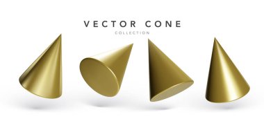 Beyaz arkaplanda izole edilmiş geometrik koniler. 3 boyutlu geometrik şekiller nesneleri şekillendirir. Tasarım için dekoratif figür oluştur. Vektör illüstrasyonu.