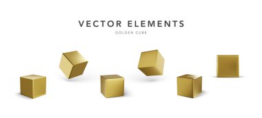 Gölgeli 3D küplerden oluşan bir set. Altın bloklar. Vektör illüstrasyonu