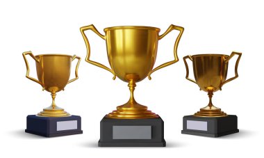 Beyaz arka planda yansıması ve gölgesi olan altın şampiyonlar kupası. Spor turnuvası ödülü. Vektör illüstrasyonu.