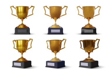 Beyaz arka planda izole edilmiş altın spor kupası koleksiyonu. Spor turnuvası ödülü. Vektör illüstrasyonu.