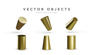 Beyaz arka planda izole edilmiş altın geometrik silindirler. 3 boyutlu geometrik şekiller nesneleri şekillendirir. Tasarım için dekoratif figür oluştur. Vektör illüstrasyonu