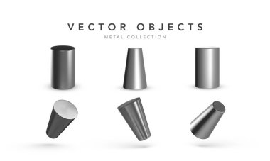 Metal geometrik silindirler beyaz arkaplanda izole edilmiş. 3 boyutlu geometrik şekiller nesneleri şekillendirir. Tasarım için dekoratif figür oluştur. Vektör illüstrasyonu