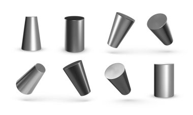 Metal geometrik silindirler beyaz arkaplanda izole edilmiş. 3 boyutlu geometrik şekiller nesneleri şekillendirir. Tasarım için dekoratif figür oluştur. Vektör illüstrasyonu
