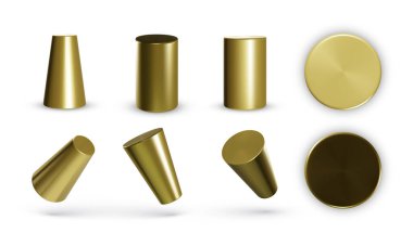 Beyaz arka planda izole edilmiş altın geometrik silindirler. 3 boyutlu geometrik şekiller nesneleri şekillendirir. Tasarım için dekoratif figür oluştur. Vektör illüstrasyonu