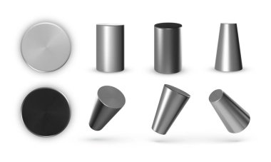 Metal geometrik silindirler beyaz arkaplanda izole edilmiş. 3 boyutlu geometrik şekiller nesneleri şekillendirir. Tasarım için dekoratif figür oluştur. Vektör illüstrasyonu