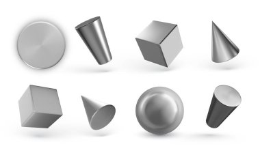 Metal geometrik silindirler beyaz arkaplanda izole edilmiş. 3 boyutlu geometrik şekiller nesneleri şekillendirir. Tasarım için dekoratif figür oluştur. Vektör illüstrasyonu