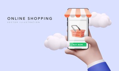 Elinde telefon tutan bir iş adamı online bir mağazadan alışveriş yapıyor. Vektör illüstrasyonu
