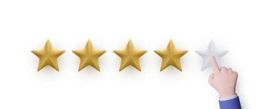 Beş yıldızlı, parlak sarı ve beyaz. Bir web sitesi çalışanı hakkındaki müşteri değerlendirmesi konsepti. Mobil uygulamalar için gerçekçi 3D yıldız tasarımı. Vektör illüstrasyonu