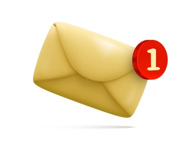 Beyaz arka planda gerçekçi sarı posta zarfı. Bir numaralı kırmızı işaretli posta bildirimi. Mesajlar, mesajlar. Vektör illüstrasyonu