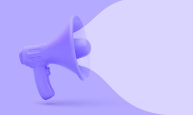 Sosyal medya pazarlama kavramı için baloncuklu 3D gerçekçi megafon. Pazarlama için duyuru. Vektör illüstrasyonu