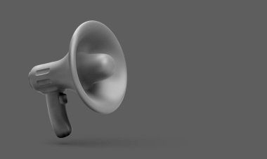 Karanlık arka planda gölgesi olan gerçekçi siyah plastik bir megafon. Vektör illüstrasyonu